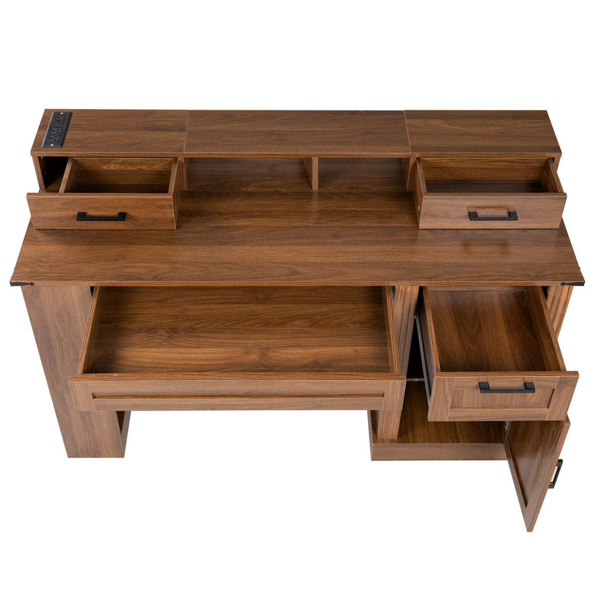 Dark walnut farmhouse office desk by Anthony & Home featuring barn door design, storage, and keyboard tray in a spacious workspace.