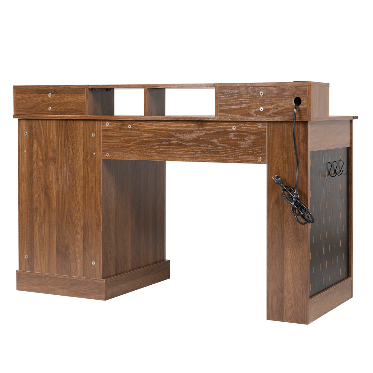 Dark walnut farmhouse office desk by Anthony & Home with barn door style storage and a built-in keyboard tray.