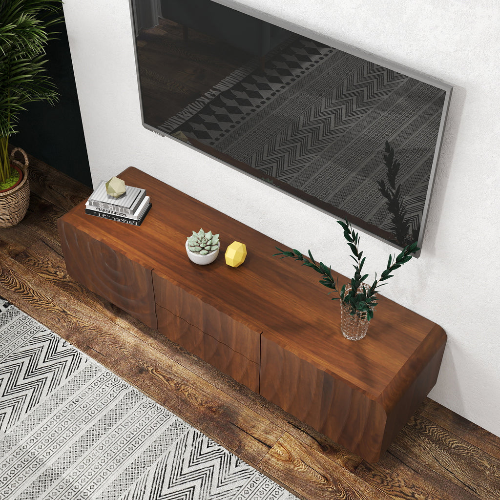 Anthony & Home 58-inch walnut TV console with spiral wave design, storage cabinet, and two drawers for modern living spaces.