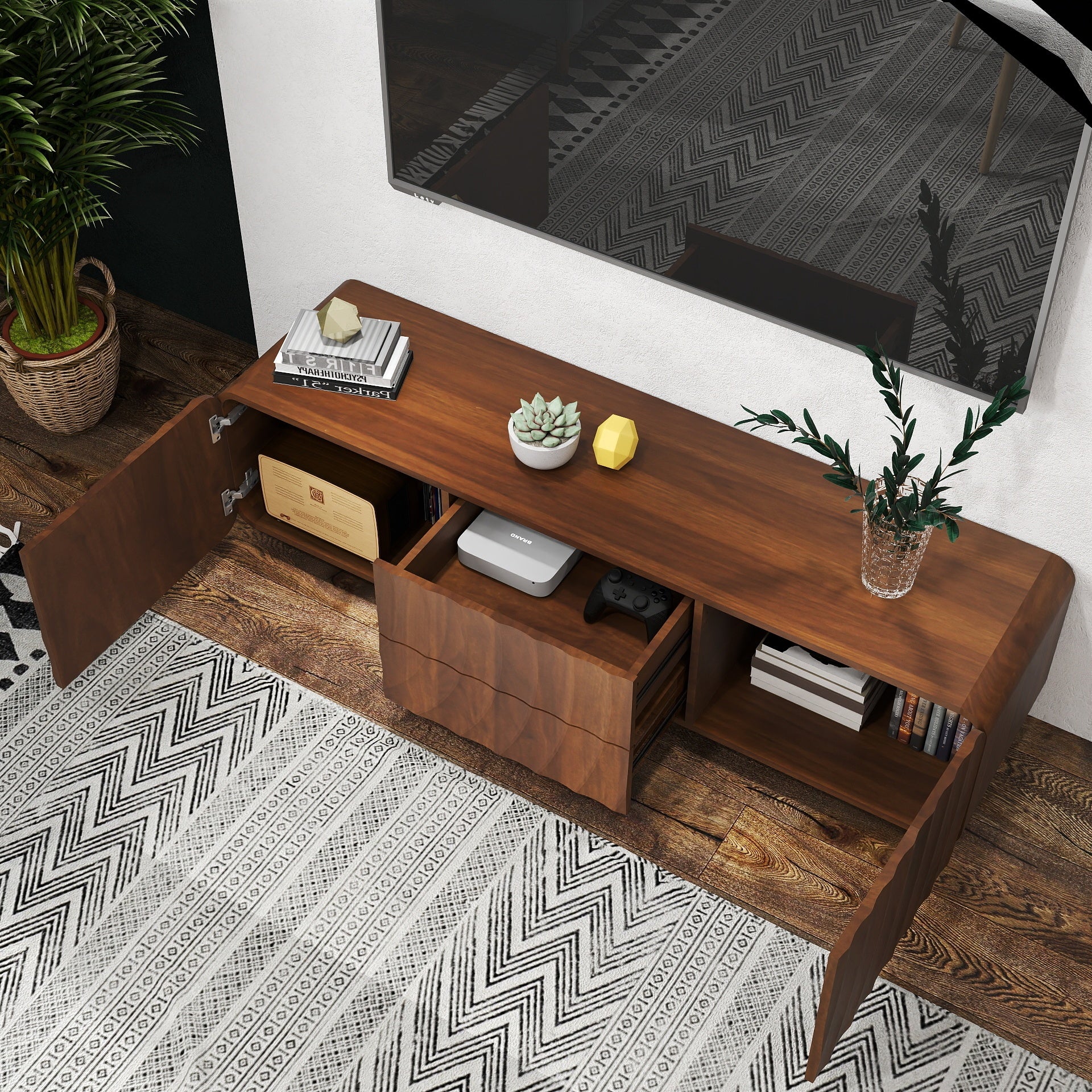 Anthony & Home 58-inch walnut TV console with spiral wave design, storage cabinet, and two drawers for modern living rooms.