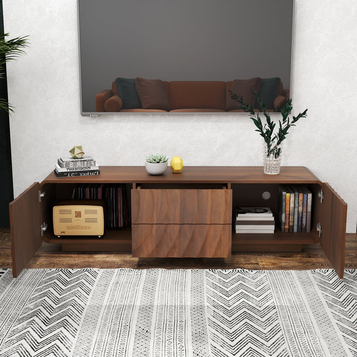 Anthony & Home 58-inch walnut TV console with spiral wave design, storage cabinet, and two drawers in a modern living room setting.