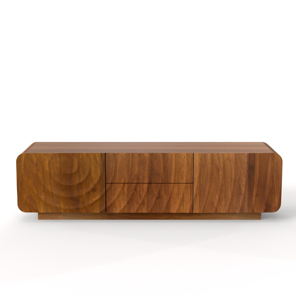 Anthony & Home 58-inch walnut TV console with spiral wave design, storage cabinet, and two drawers for modern living rooms.