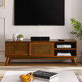 Anthony & Home 59-inch mid-century rattan TV stand in light wood with sleek, modern design and open shelving.