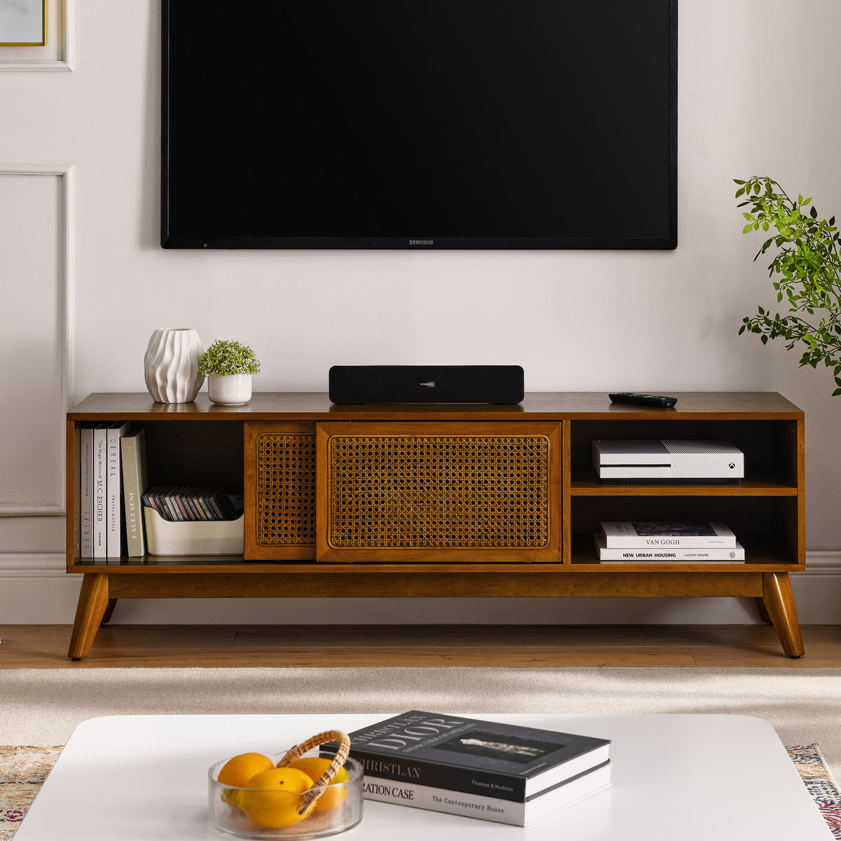 Anthony & Home 59-inch mid-century rattan TV stand with light wood finish, stylish and functional for modern living rooms.