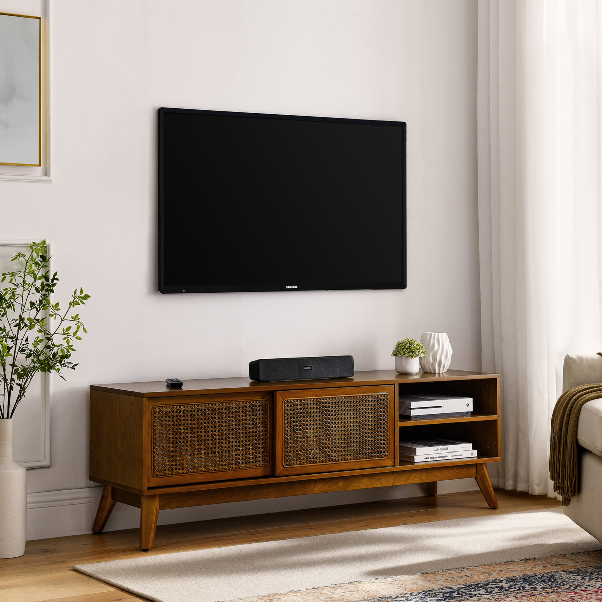 Anthony & Home 59-inch mid-century rattan TV stand with light wood finish, stylish and functional for modern living rooms.