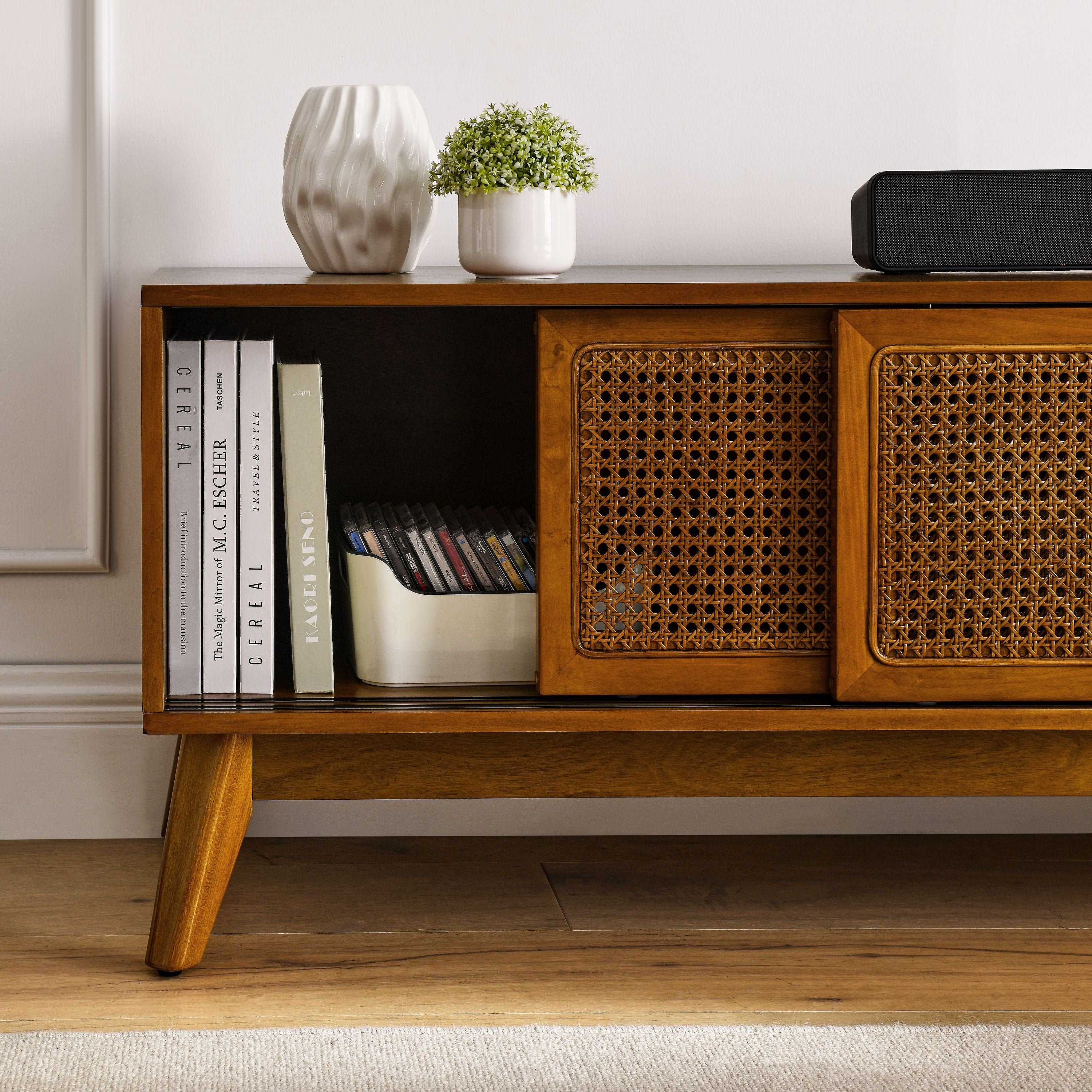 Anthony & Home 59-inch mid-century rattan TV stand with light wood finish and open shelving for modern living room decor.