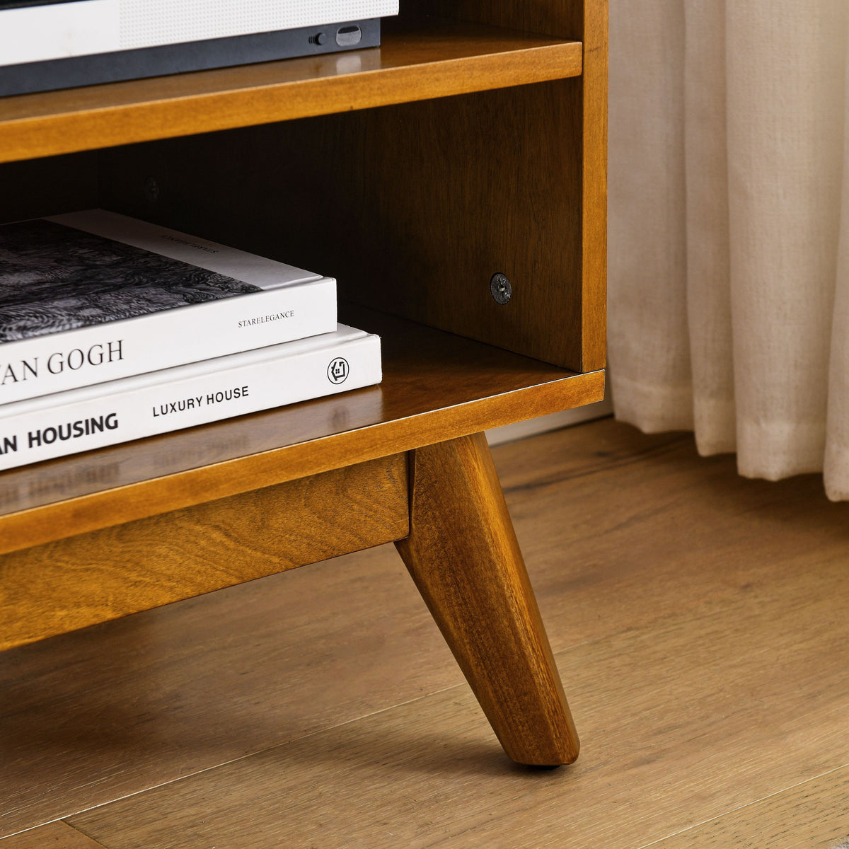 Anthony & Home 59-inch mid-century rattan TV stand with light wood finish, stylish and functional for modern living rooms.