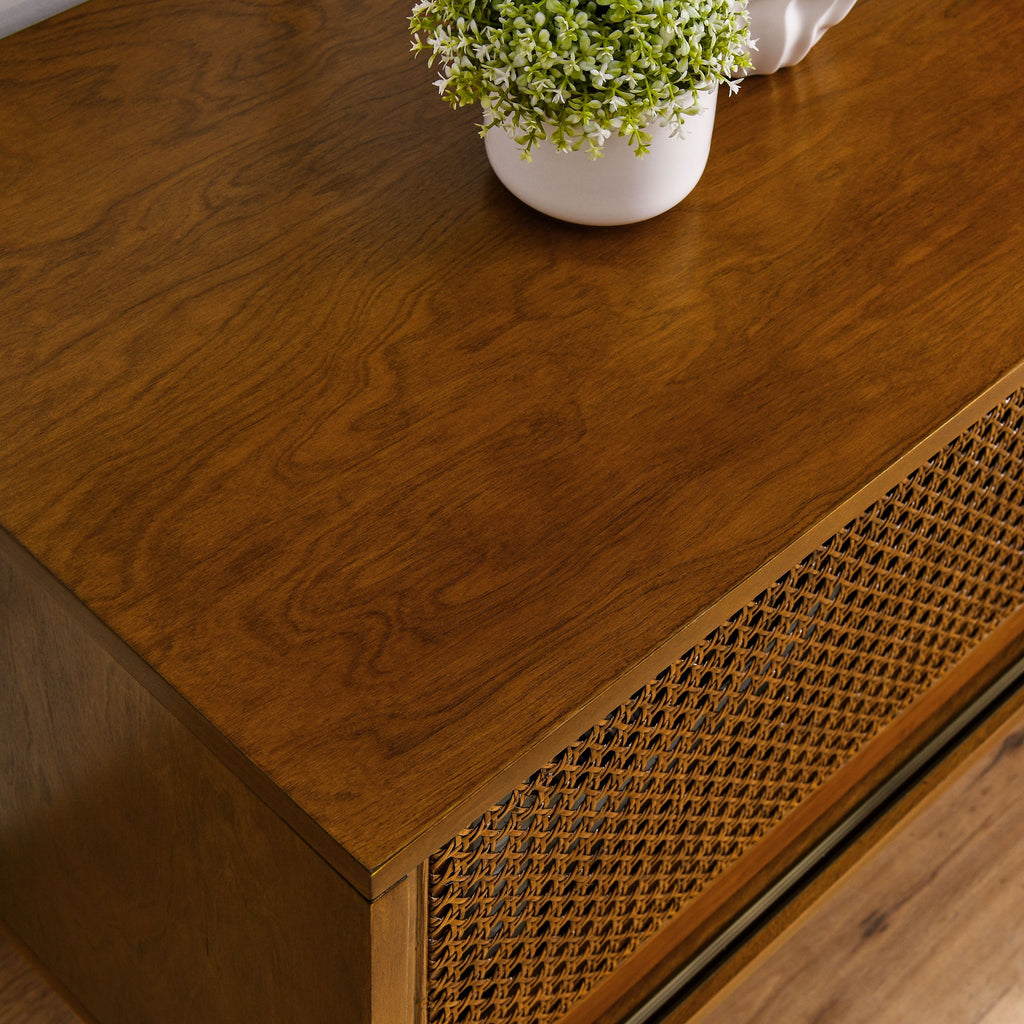 Anthony & Home 59-inch mid-century rattan TV stand with light wood finish, stylish and functional for modern living rooms.