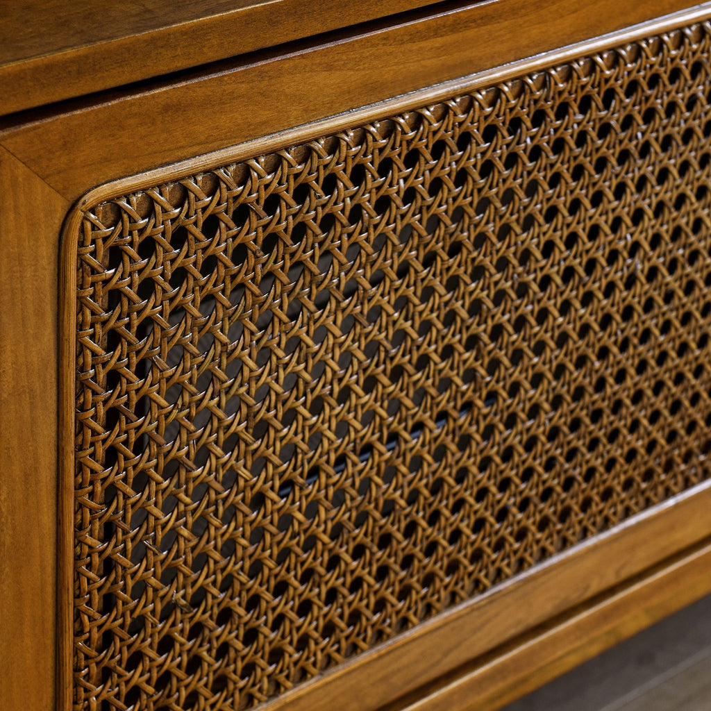 Anthony & Home 59-inch mid-century rattan TV stand with light wood finish, featuring open shelving and a stylish modern design.
