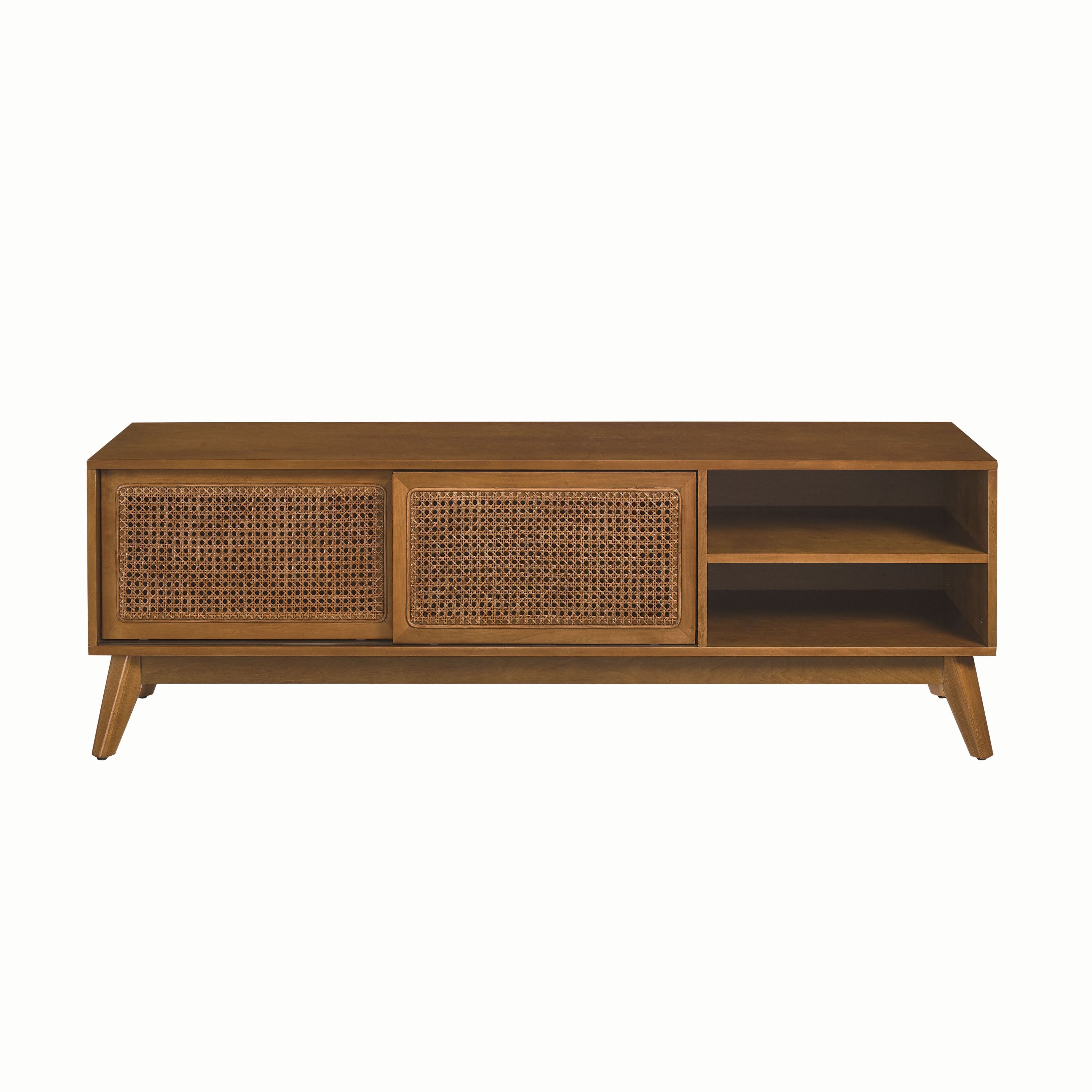 Anthony & Home 59-inch mid-century rattan TV stand with light wood finish, showcasing a stylish retro-inspired design.