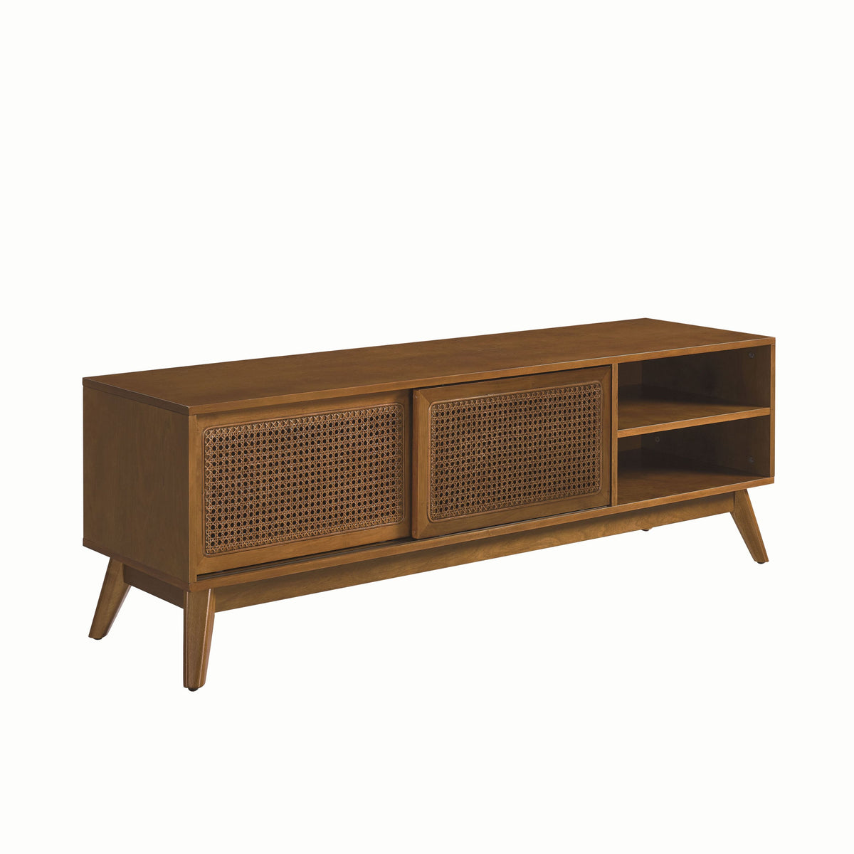 Anthony & Home 59-inch mid-century rattan TV stand with light wood finish, showcasing modern design and ample storage space.