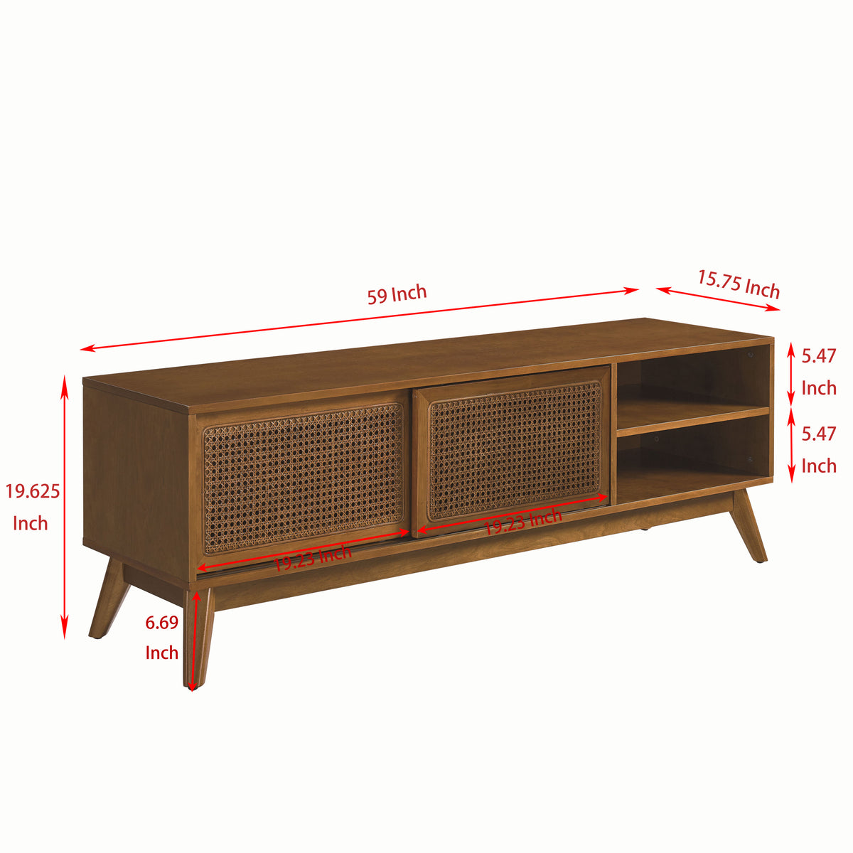 Anthony & Home 59-inch mid-century rattan TV stand with light wood finish, showcasing a stylish and functional studio design.