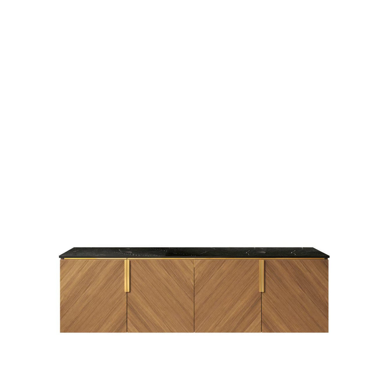 Anthony & Home 60-inch black sintered stone countertop with stone pattern installed above brown oak cabinet in modern kitchen setting