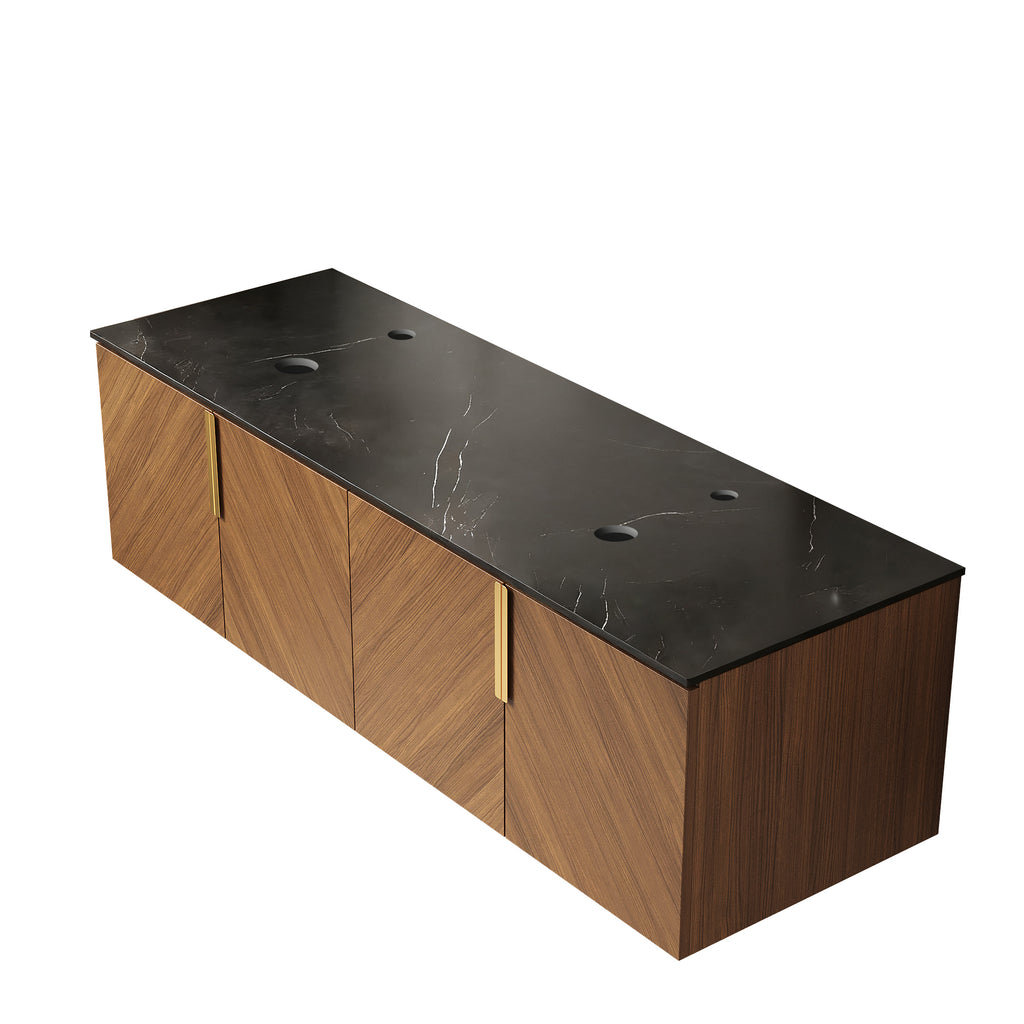 Black sintered stone countertop with stone pattern and brown oak cabinet from Anthony & Home Atelier Collection, 60 inches long.