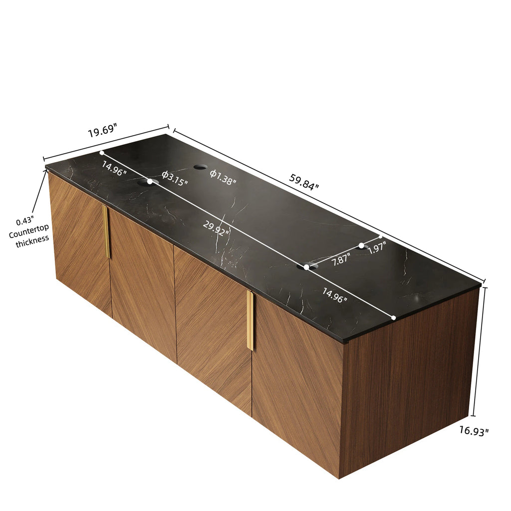 Anthony & Home 60-inch black sintered stone countertop with stone pattern and brown oak cabinet from the Atelier Collection