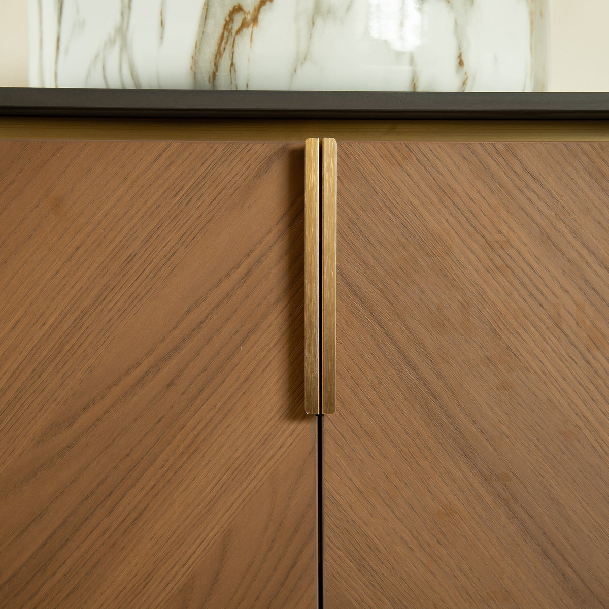 60-inch black sintered stone countertop with stone pattern paired with brown oak cabinet from Anthony & Home Atelier Collection