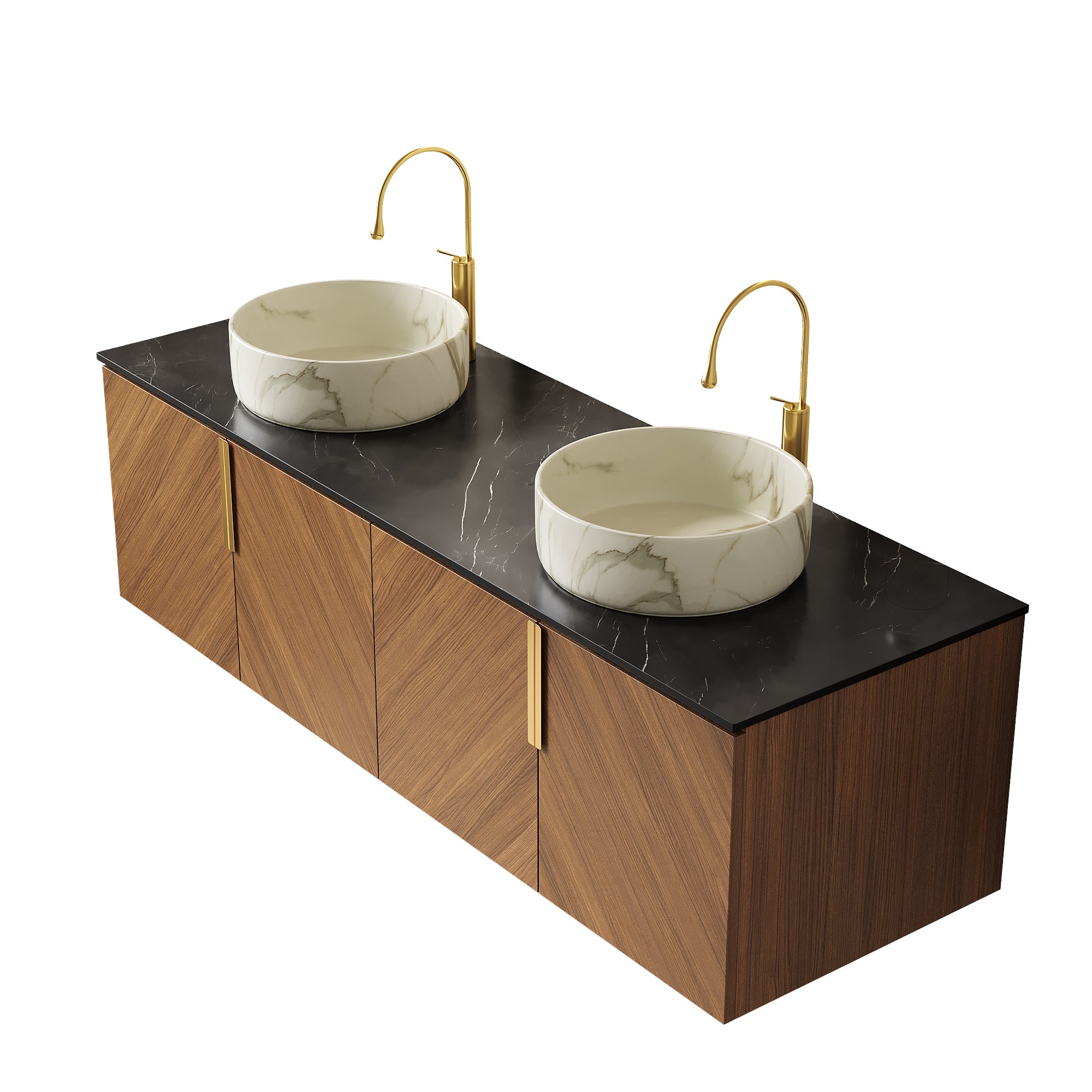 60-inch black sintered stone countertop with stone pattern paired with brown oak cabinet from Anthony & Home Atelier Collection.