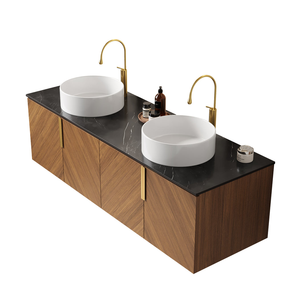 Anthony & Home 60-inch black sintered stone countertop with stone pattern, paired with brown oak cabinet from Atelier Collection.