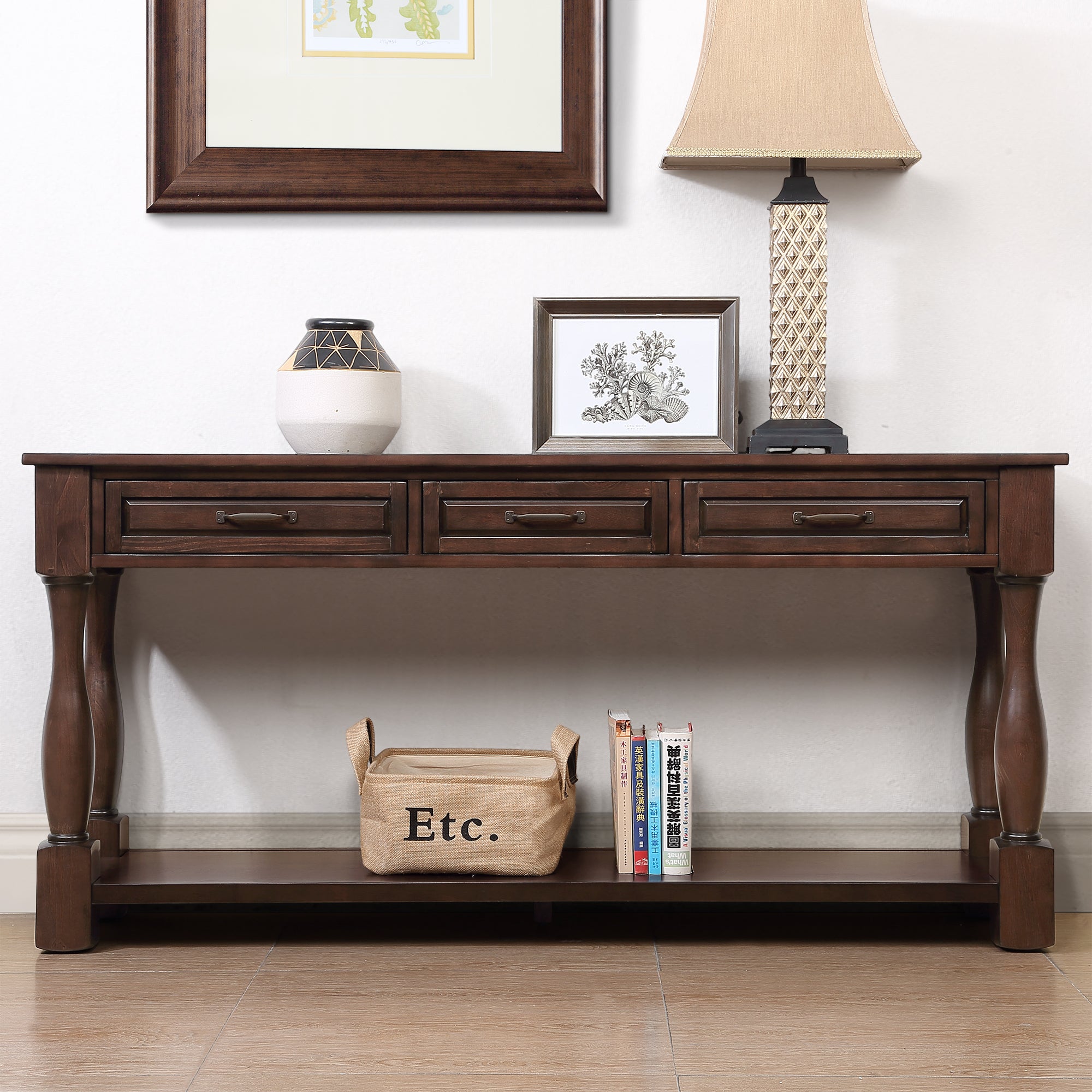 Anthony & Home 63-inch light espresso wood console table with three drawers, ideal for entryway decor and storage.