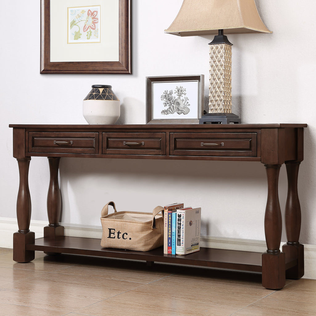 Anthony & Home 63-inch light espresso wood console table with 3 drawers, ideal for entryway decor and organization.
