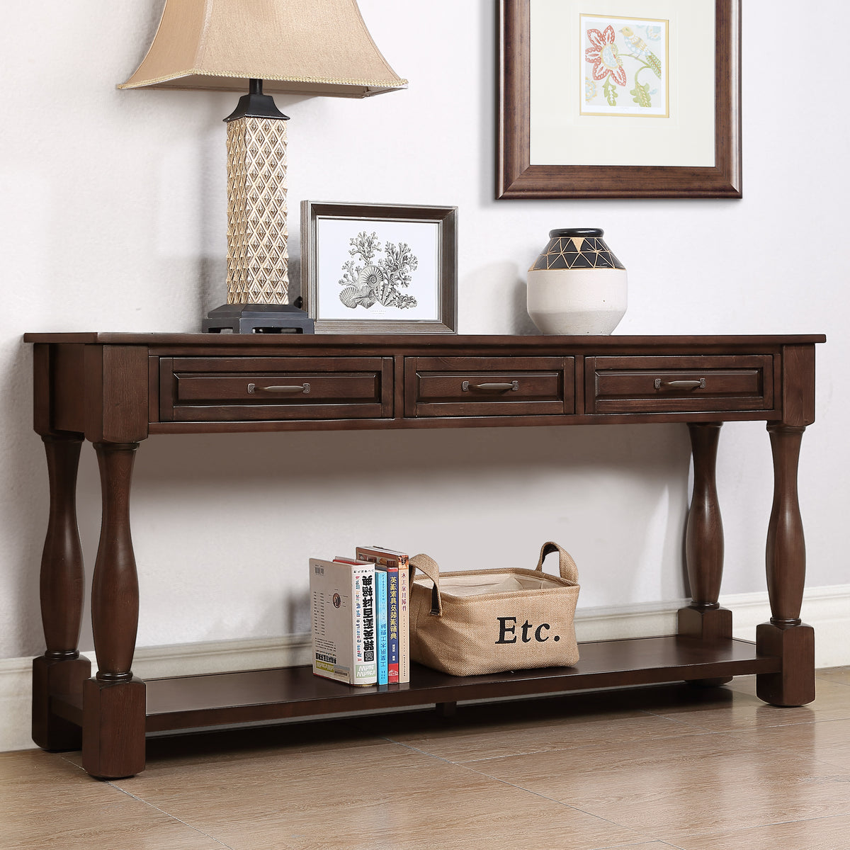 Light espresso wood console table with three drawers, Anthony & Home Signature Collection, ideal for entryway decor.