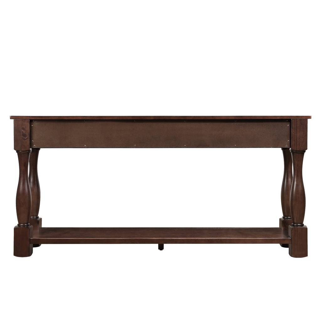 Anthony & Home 63-inch light espresso wood console table with three drawers, ideal for entryway decor and storage.