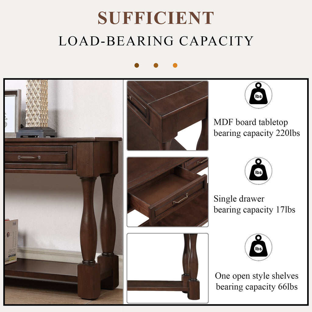 Anthony & Home 63-inch light espresso wood console table with three drawers, ideal for entryway storage and decor.