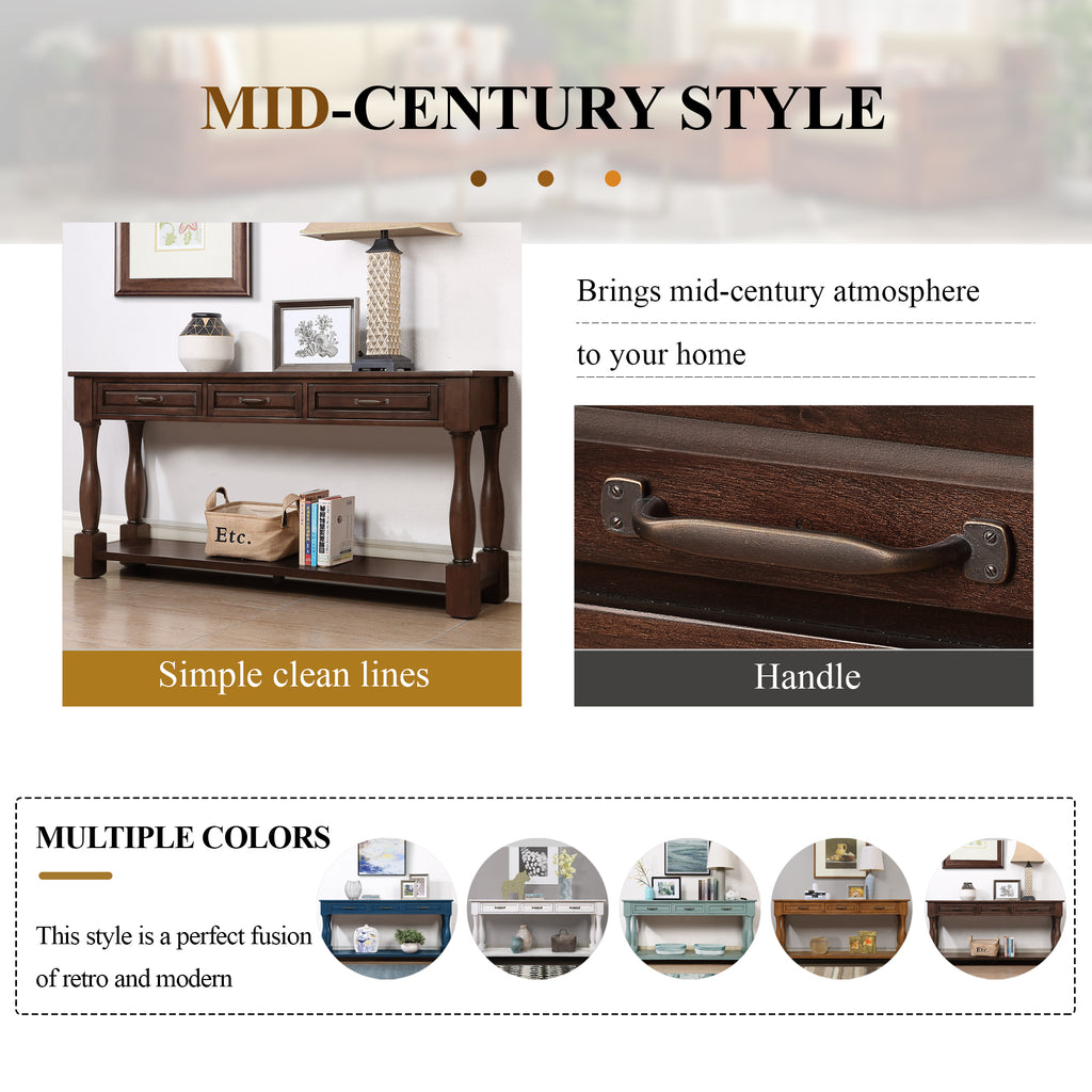 Light espresso wood console table with three drawers from Anthony & Home, perfect for entryway decor and storage.