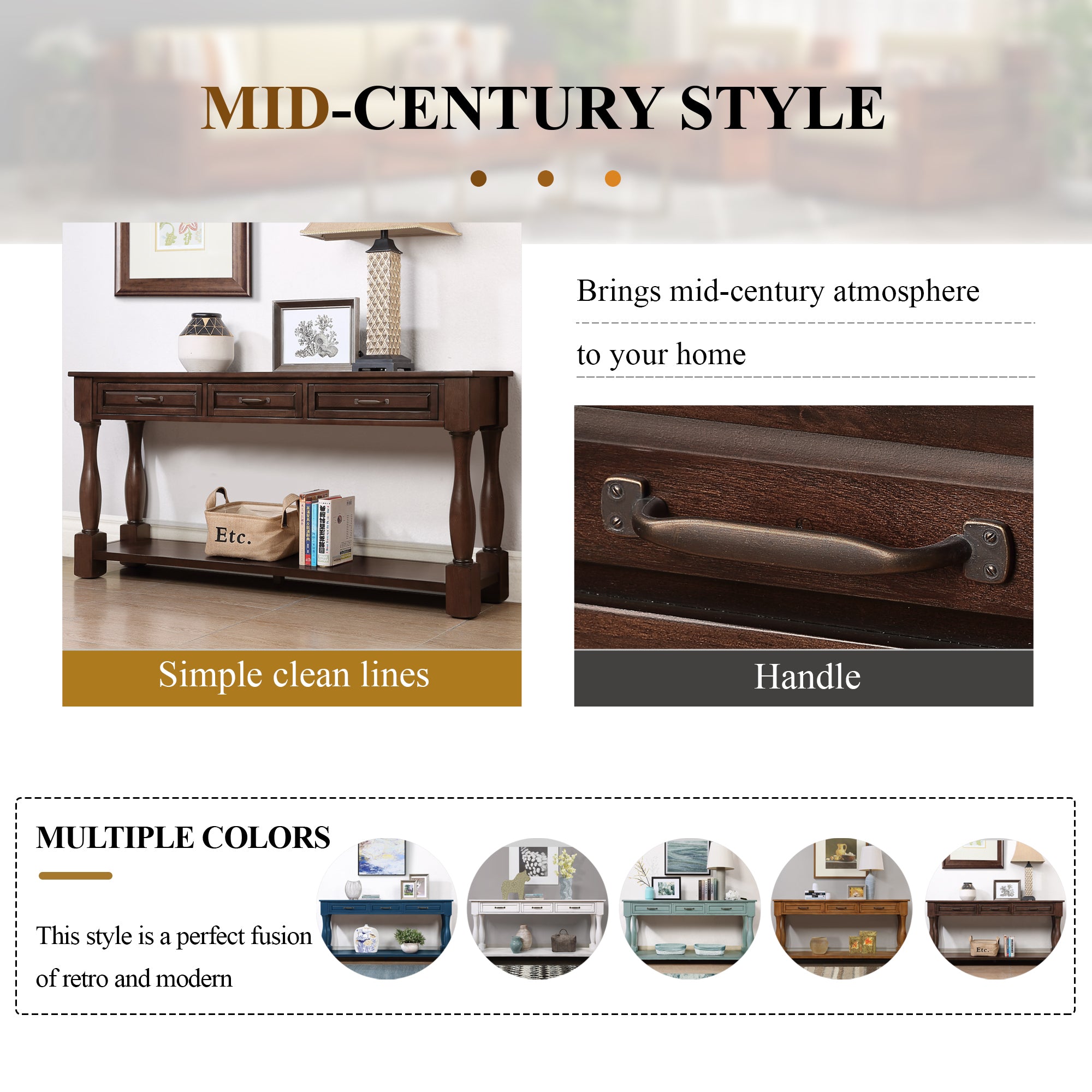 Light espresso wood console table with three drawers from Anthony & Home, perfect for entryway decor and storage.