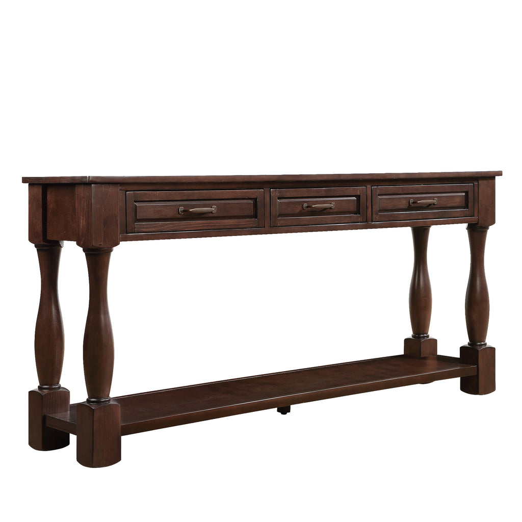 Anthony & Home 63-inch light espresso wood console table with three drawers, ideal for entryway organization and decor.