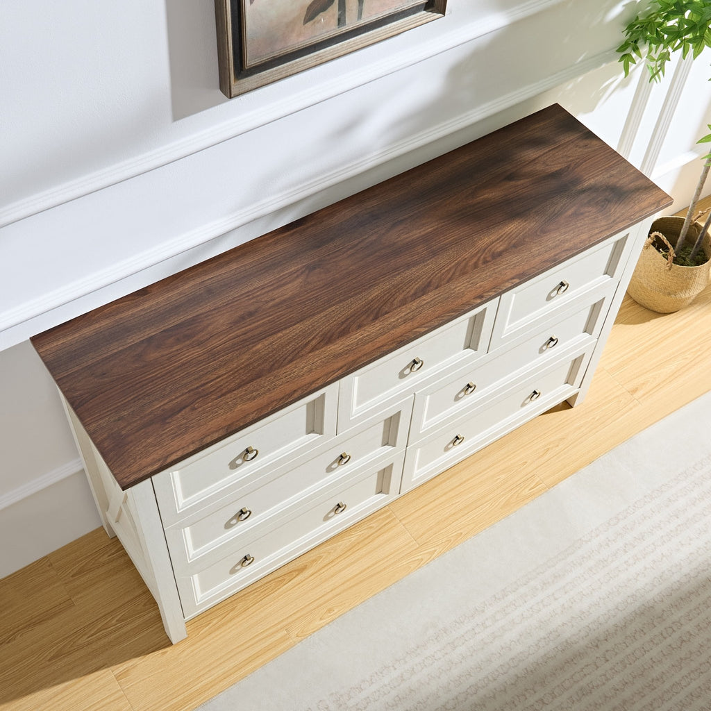Anthony & Home 7-drawer farmhouse dresser from Reserve Collection with rustic wood finish and vintage-style metal handles.