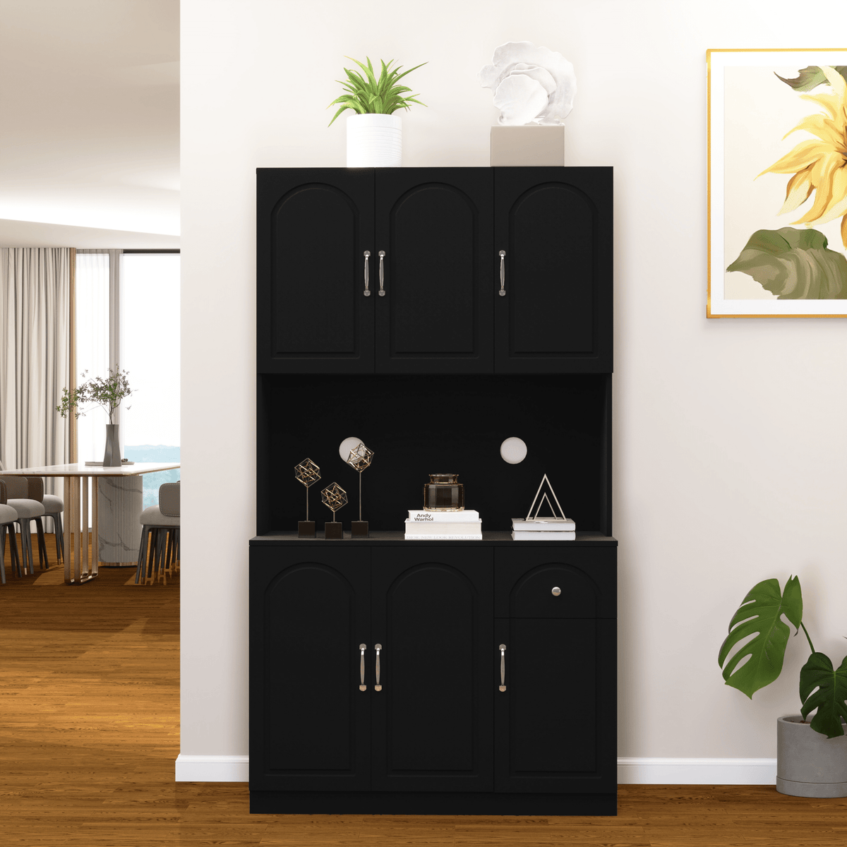 Anthony & Home 71-inch matte black kitchen pantry cabinet with microwave countertop, six doors, and one drawer storage unit.