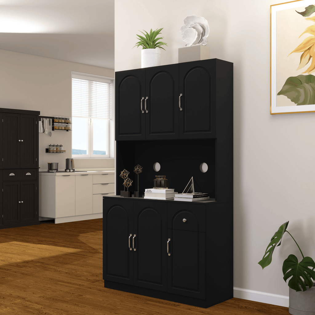 Anthony & Home 71-inch matte black kitchen pantry cabinet with microwave countertop, six doors, and one drawer.