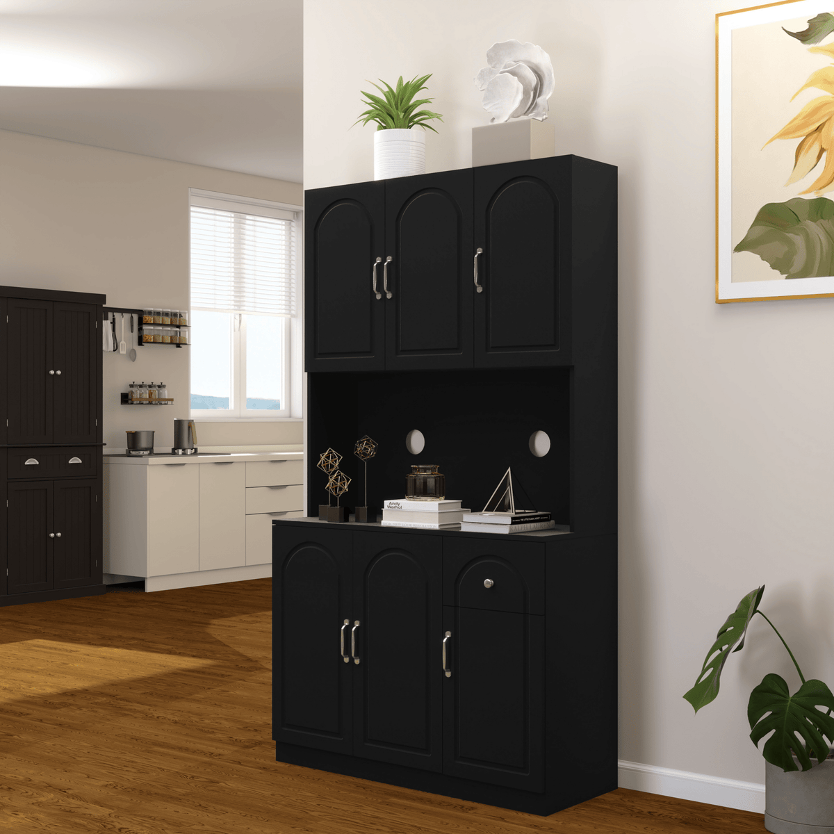 Anthony & Home 71-inch matte black kitchen pantry cabinet with microwave countertop, six doors, and one drawer.