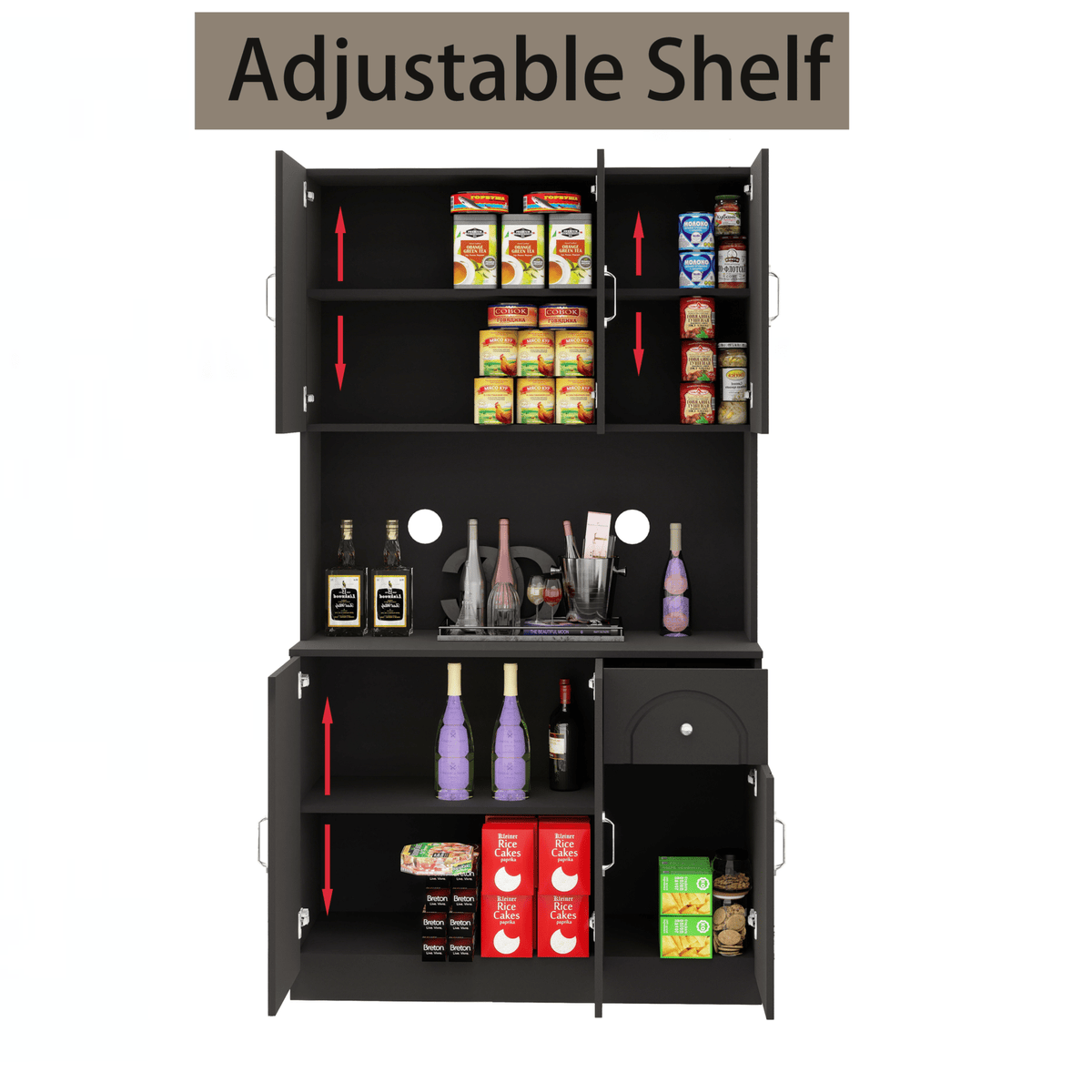 Anthony & Home 71-inch matte black kitchen pantry cabinet with microwave countertop, six doors, and one drawer for storage.