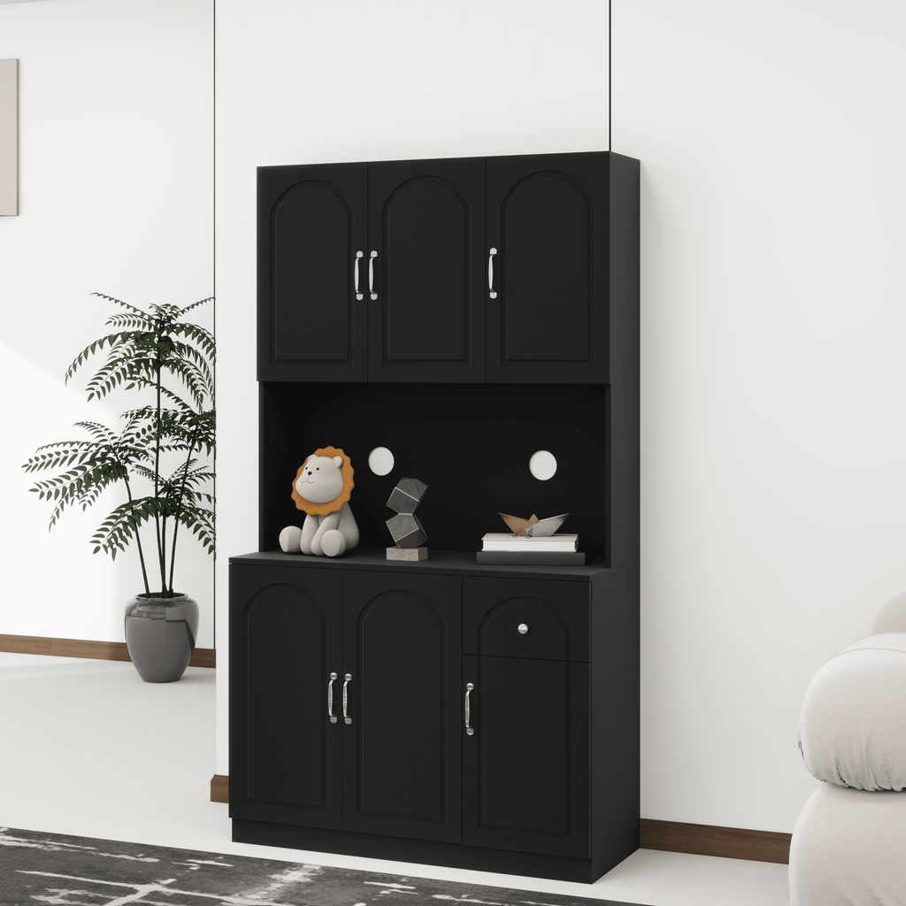 Anthony & Home 71-inch matte black kitchen pantry cabinet with microwave countertop, 6 doors and 1 drawer storage unit