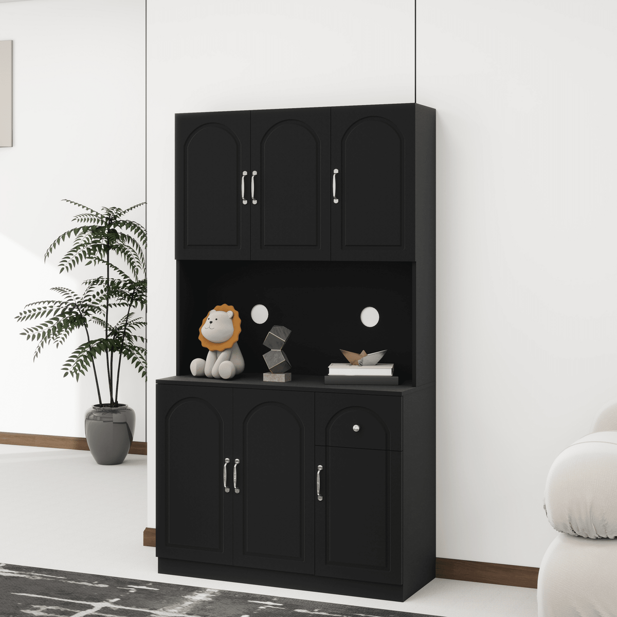 Anthony & Home 71-inch matte black kitchen pantry cabinet with microwave countertop, 6 doors and 1 drawer storage unit