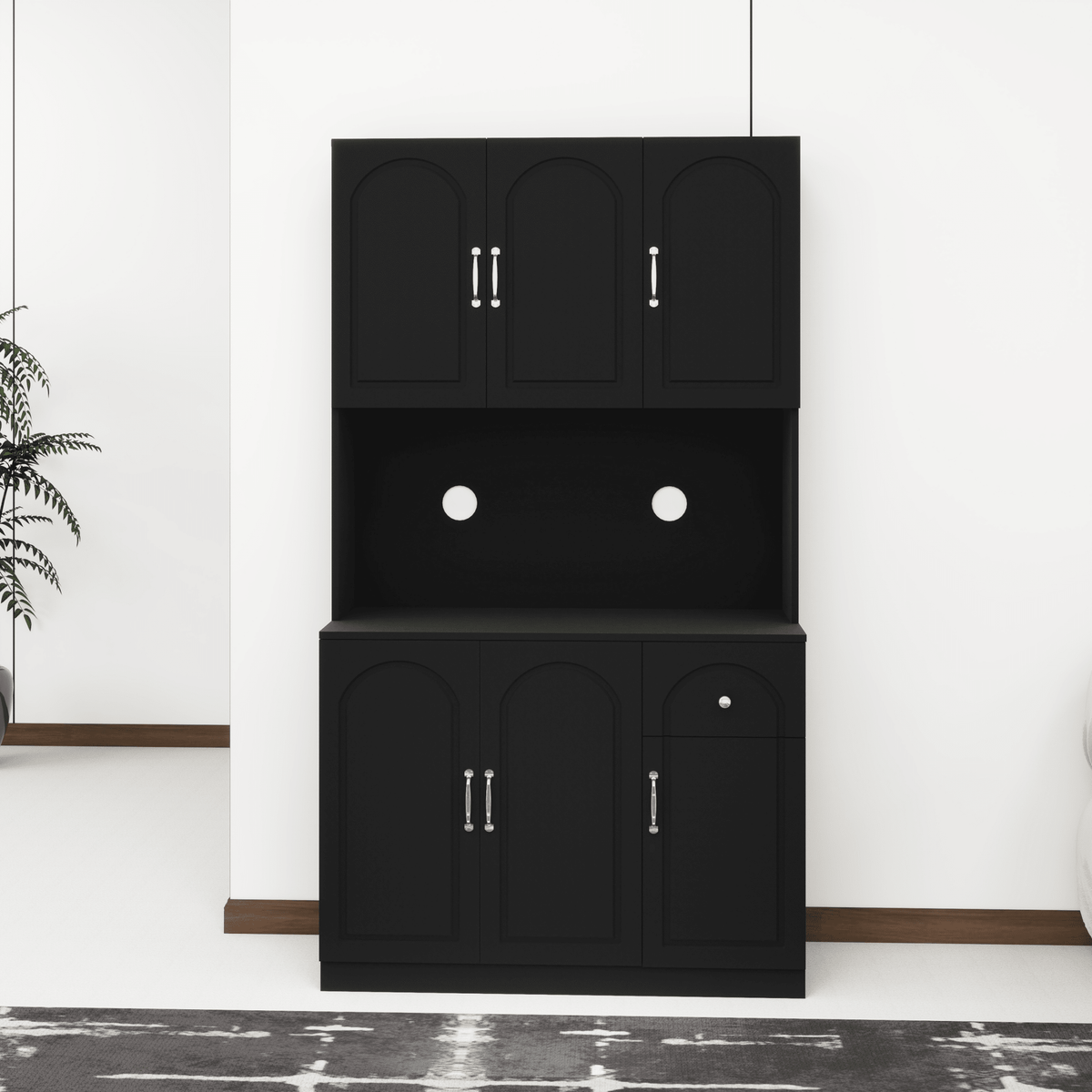 Anthony & Home 71-inch matte black kitchen pantry cabinet with microwave countertop, six-door hutch and one drawer for storage.