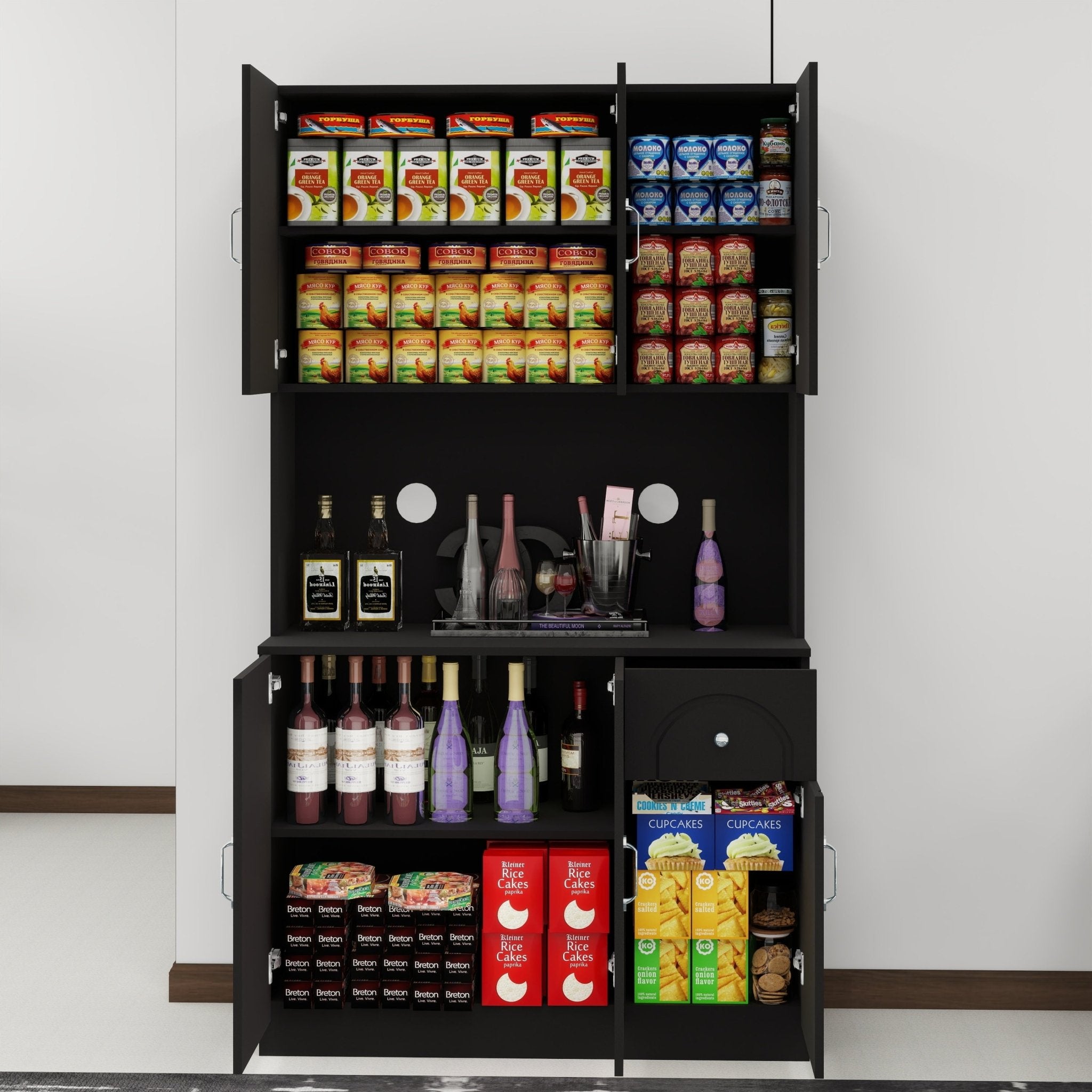Anthony & Home 71-inch matte black kitchen pantry cabinet with microwave countertop, 6 doors and 1 drawer for storage