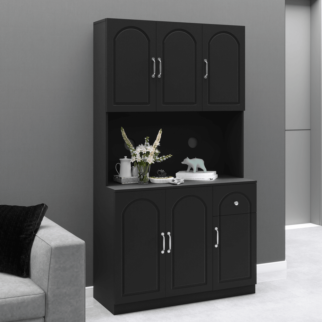 Anthony & Home 71-inch matte black kitchen pantry cabinet with microwave countertop, six doors, and one drawer for storage.