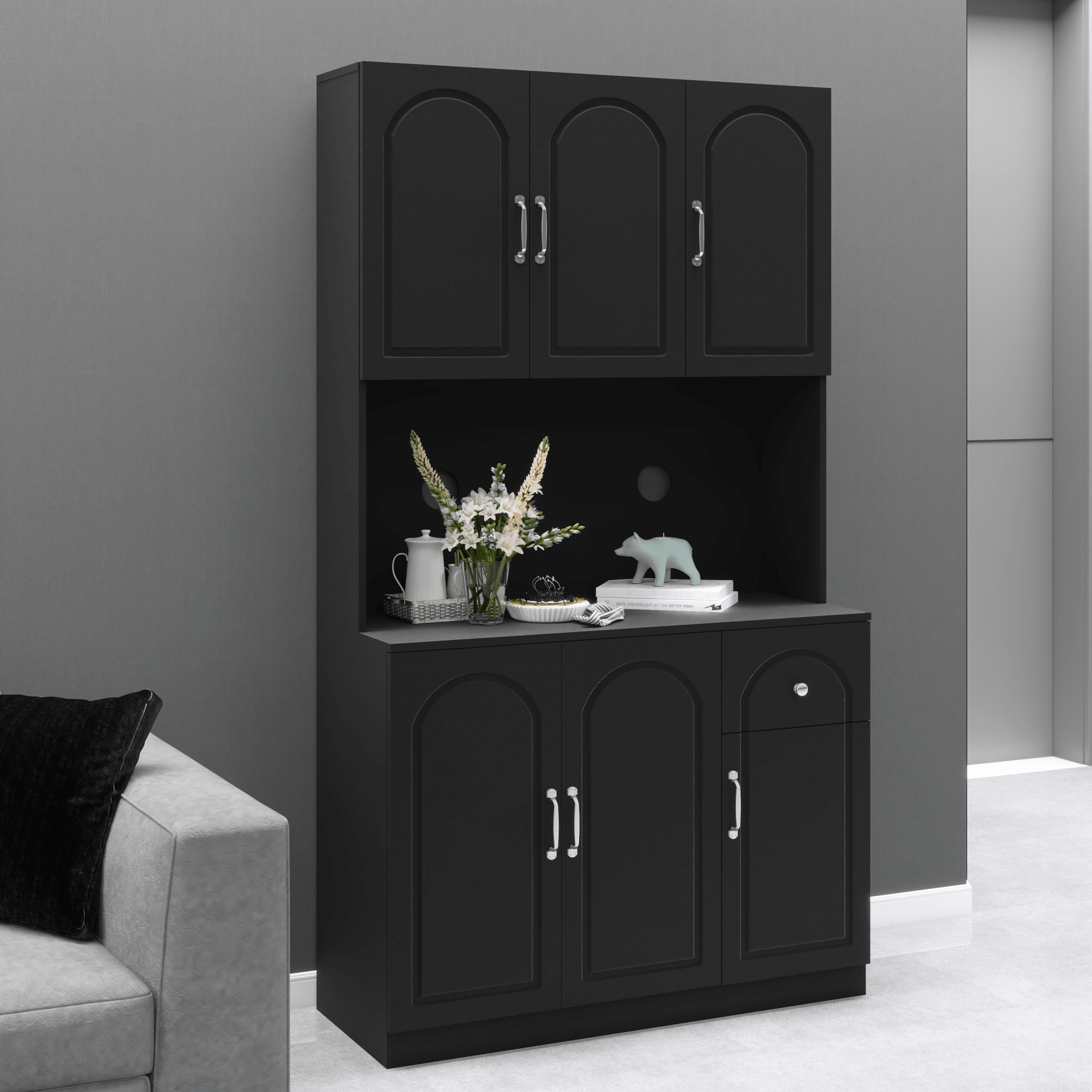Anthony & Home 71-inch matte black kitchen pantry cabinet with microwave countertop, six doors, and one drawer for storage.