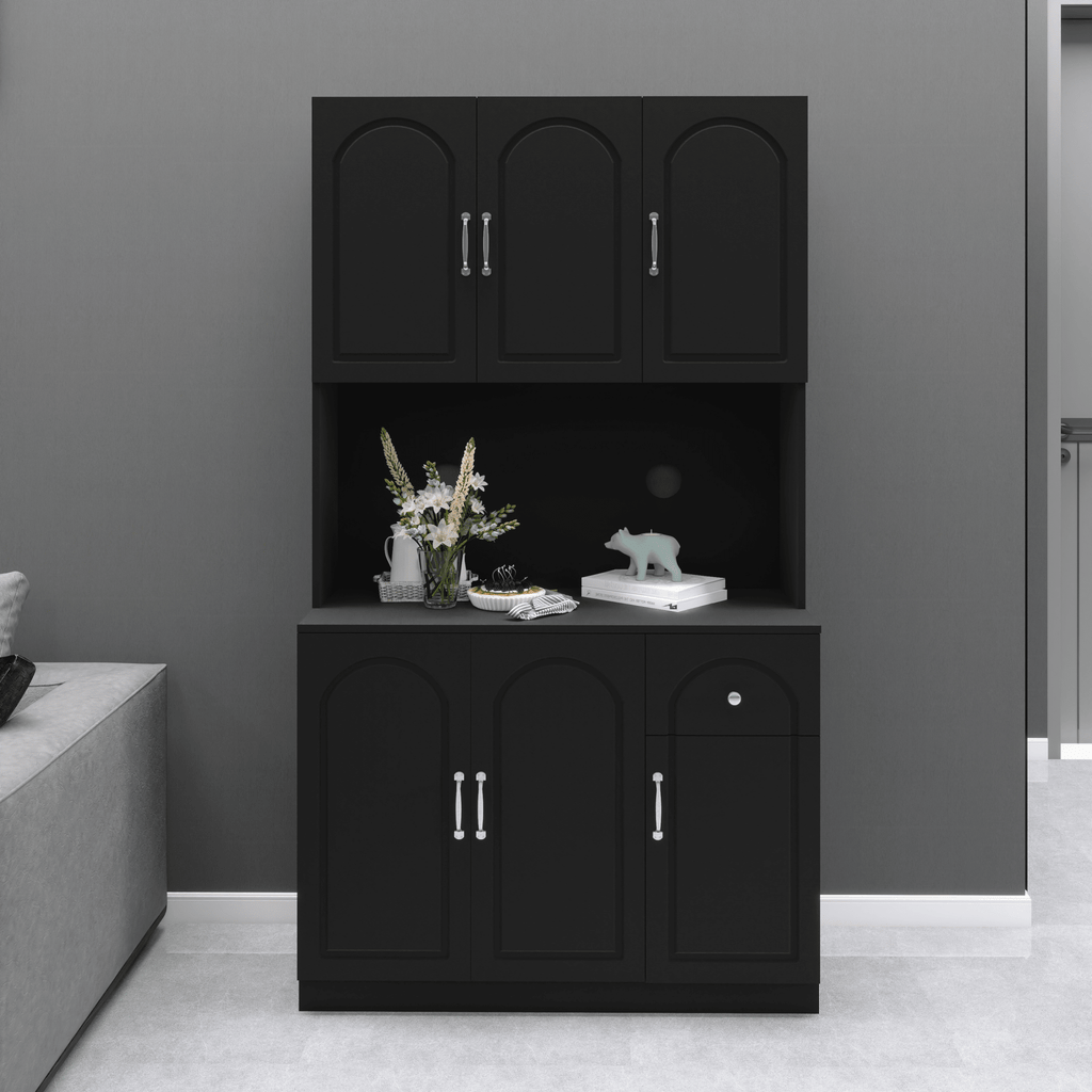 Anthony & Home 71-inch matte black kitchen pantry cabinet with microwave countertop, six doors, and a drawer for storage.