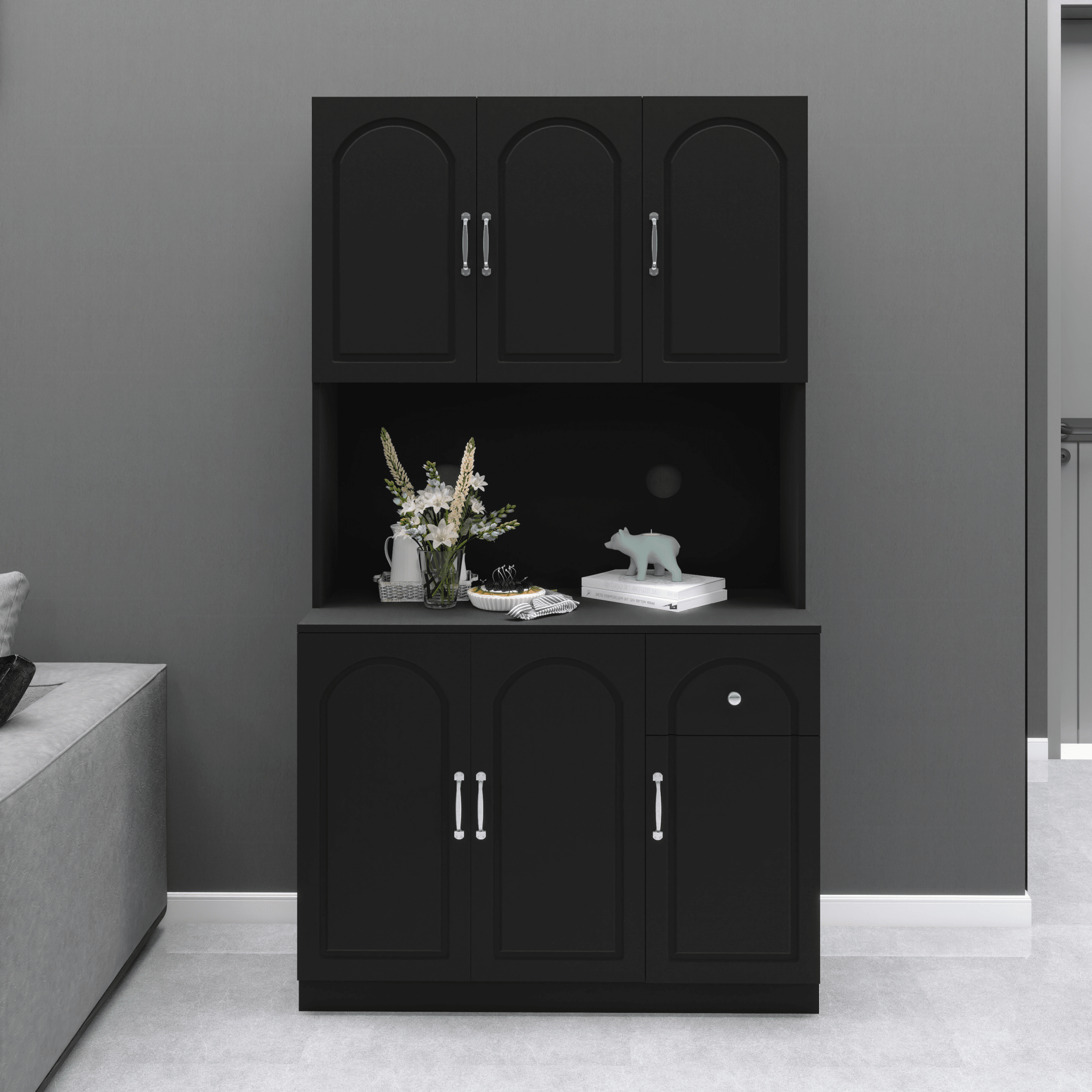 Anthony & Home 71-inch matte black kitchen pantry cabinet with microwave countertop, six doors, and a drawer for storage.