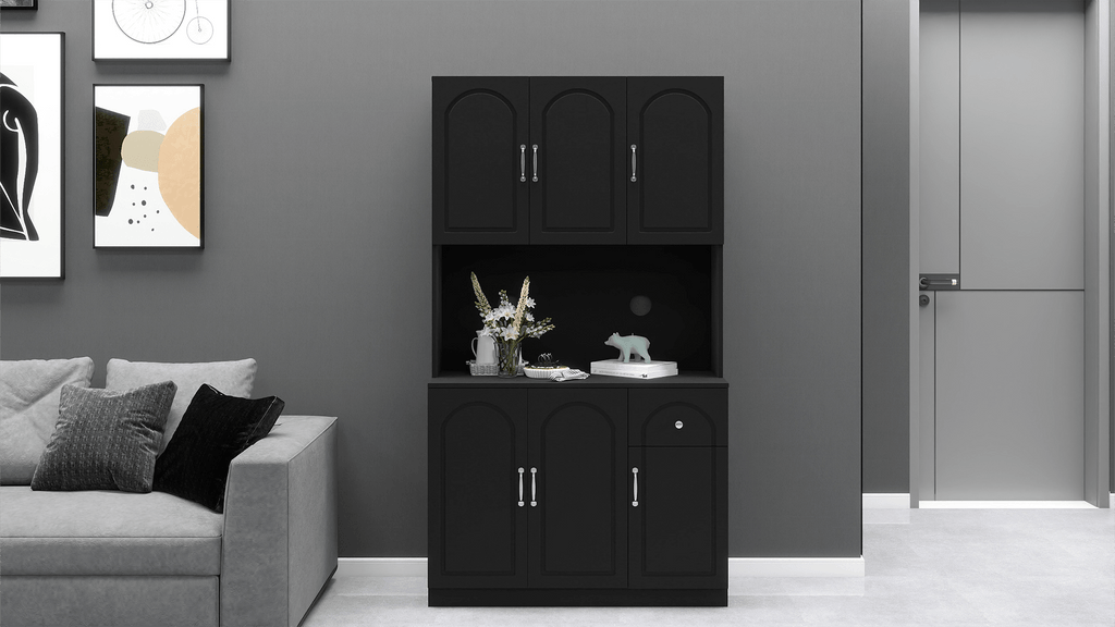 Anthony & Home 71-inch matte black kitchen pantry cabinet with microwave countertop, six doors, and one drawer storage unit.