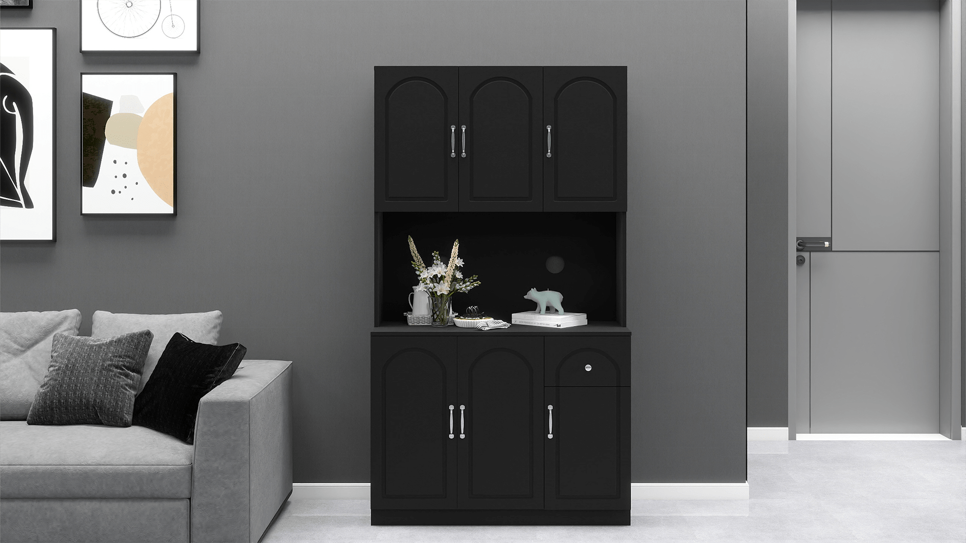 Anthony & Home 71-inch matte black kitchen pantry cabinet with microwave countertop, six doors, and one drawer storage unit.