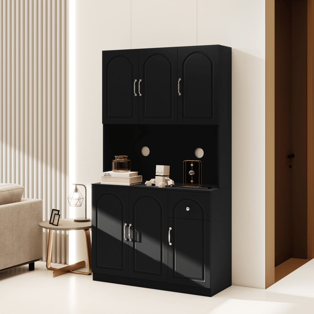 Anthony & Home 71-inch matte black kitchen pantry cabinet with microwave counter, six doors, one drawer, and storage hutch