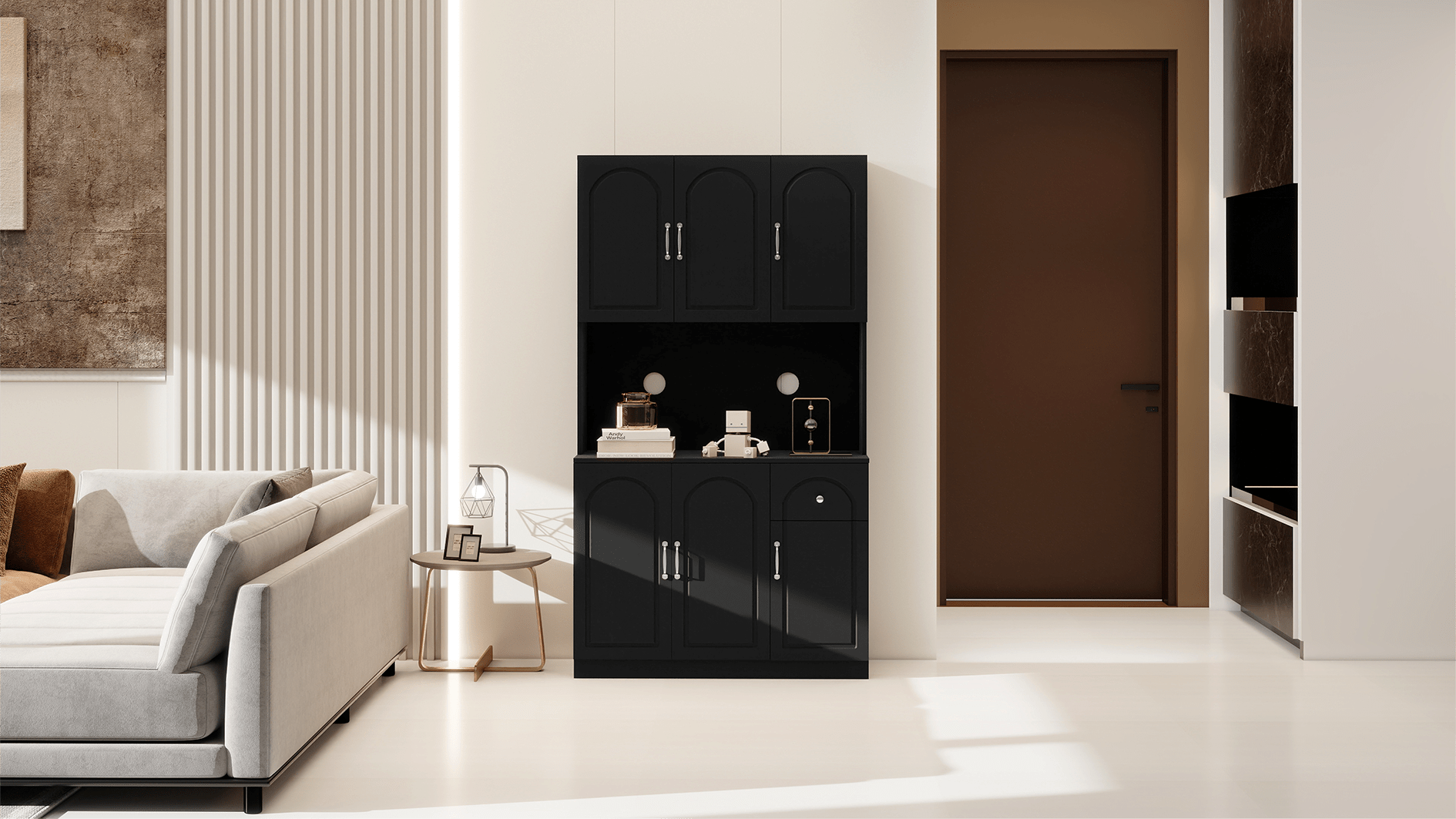 Anthony & Home 71-inch matte black kitchen pantry cabinet with microwave countertop, six-door hutch and one drawer, modern storage.