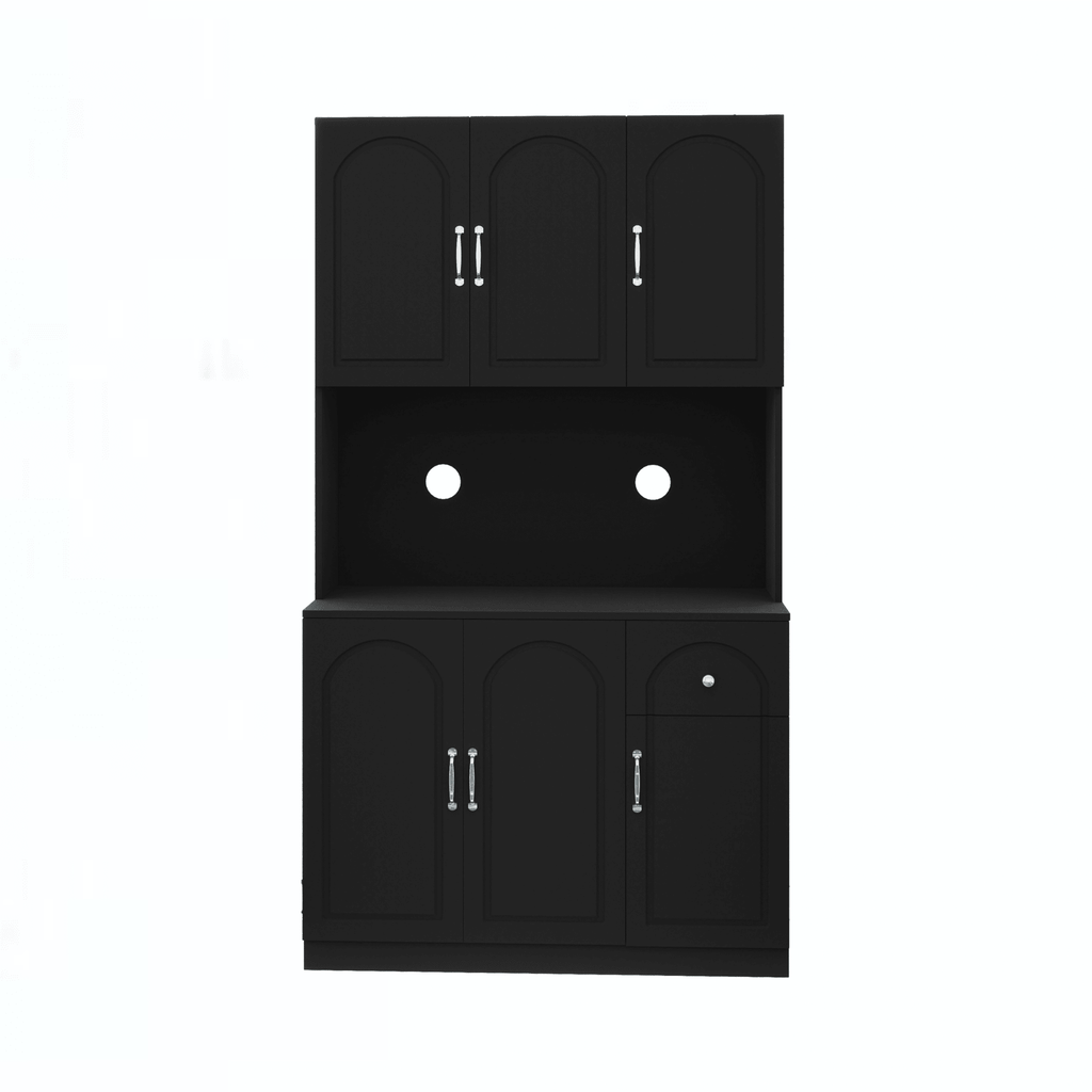 Anthony & Home 71-inch matte black kitchen pantry cabinet with microwave counter, six doors, and one drawer for storage.