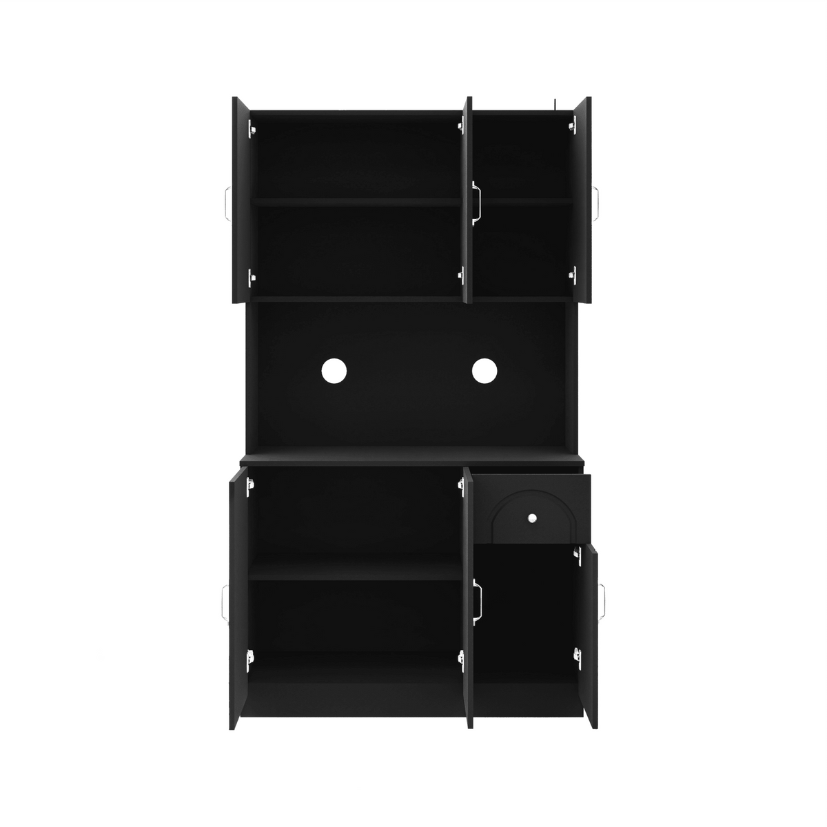 Anthony & Home 71-inch matte black kitchen pantry cabinet with microwave countertop, six doors, and one drawer for storage.