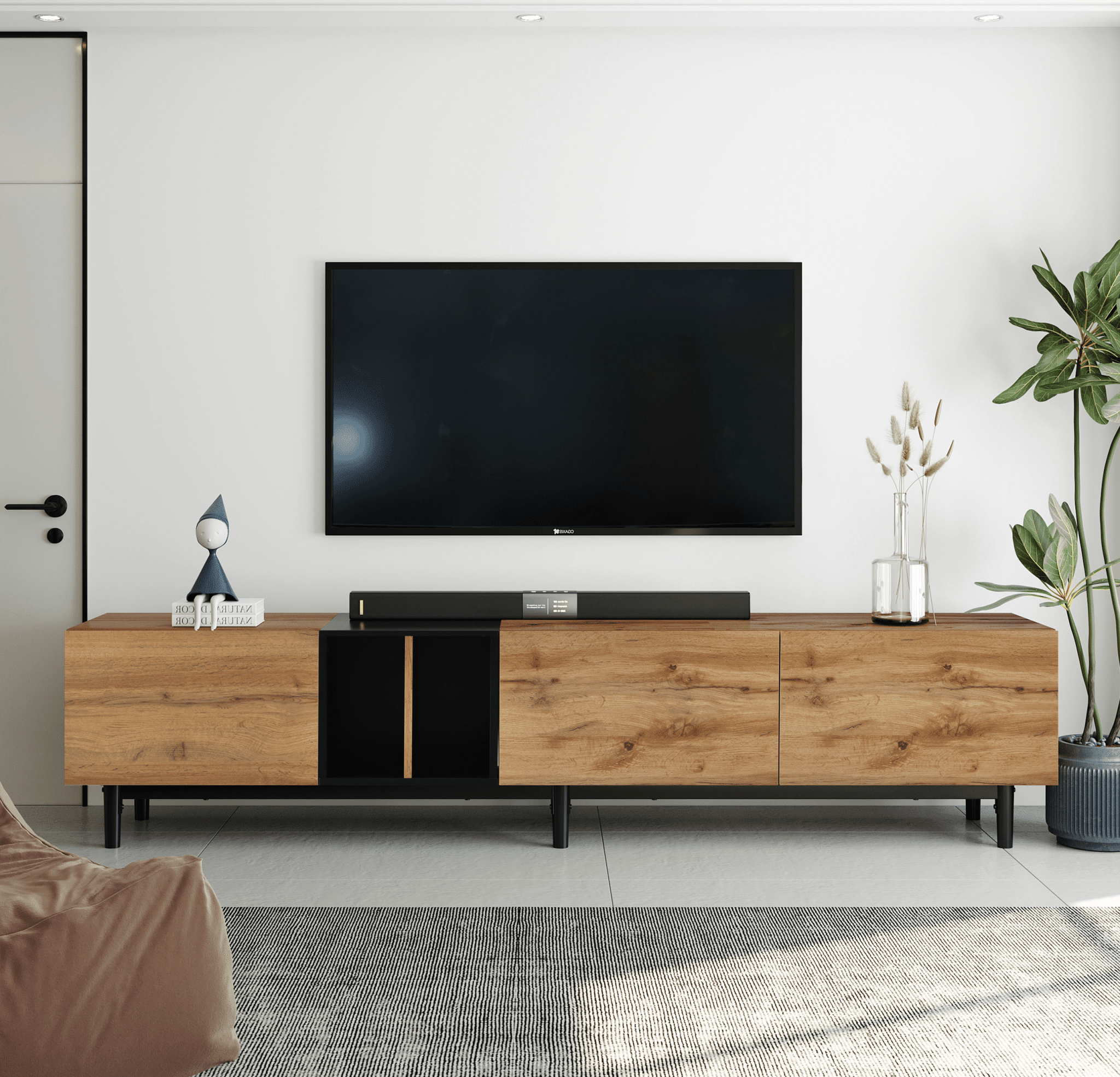 Anthony & Home 80-inch TV stand in natural wood finish with hidden storage, MDF media console from the Atelier Collection